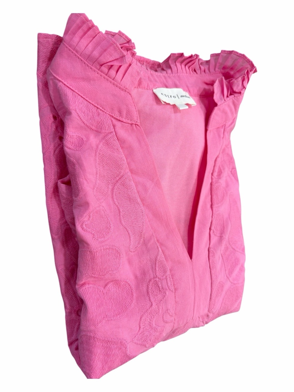 Entro Hot Pink Floral Eyelet Ruffle Neck Puff Sleeve Blouse Size M - Picture 9 of 13
